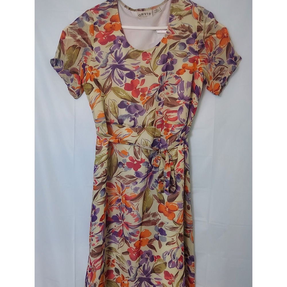 ORVIS Floral Print Midi Dress Women's Size M Short Sleeve Tie Waist A Line read!